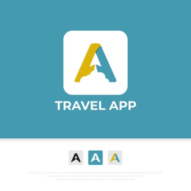Harf A Seyahat Ajansı logo uygulama tasarım vektörü, illüstrasyon harfi A ve uçak ve bulut simgesi mobil şablonu