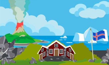 Okyanus ve volkanın arka planında renkli İzlanda evleri