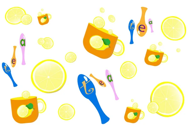 Tea Mugs Drawings Lemon Spoons Inscription Tea White Background Vector — Stock Vector