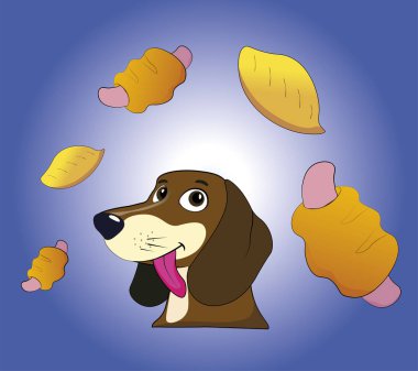 Yemek hakkında rüya gören bir köpeğin tasviri. Vektör resmi