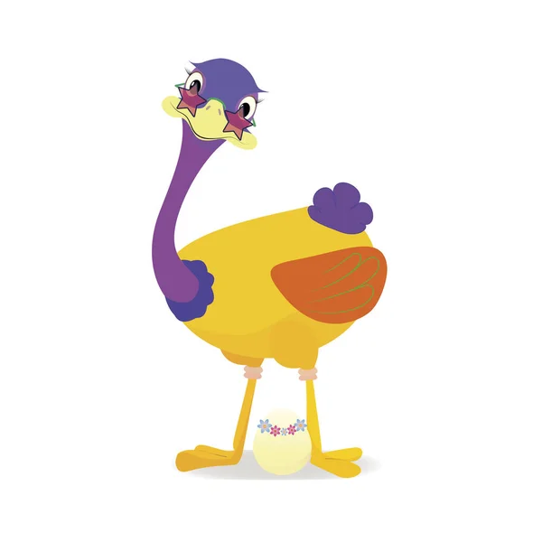 Cartoon Ostrich Glasses Guarding Egg His Pet — Stock Vector