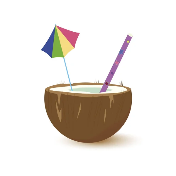 Coconut Glass Straw Umbrella Vector Illustration — Stock Vector