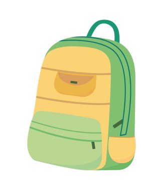 Çocuklar için okul çantası, yeşil ve sarı renkler. Çocuklar için çanta, erzak için okul çantası. Okula, eğitime, vektör illüstrasyonuna, izole edilmiş