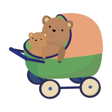 İki oyuncak ayı bebek arabasında geziyor. Vektör illüstrasyonu