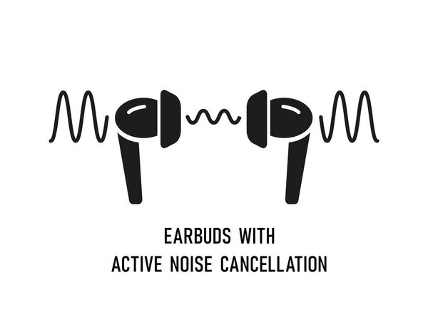 Наушники АНК. Ушные беспроводные наушники с активным шумоподавлением. Защита слуха. Значок векторного плоского силуэта. Антишумовые наушники. Bluetooth наушники. Изолированный объект