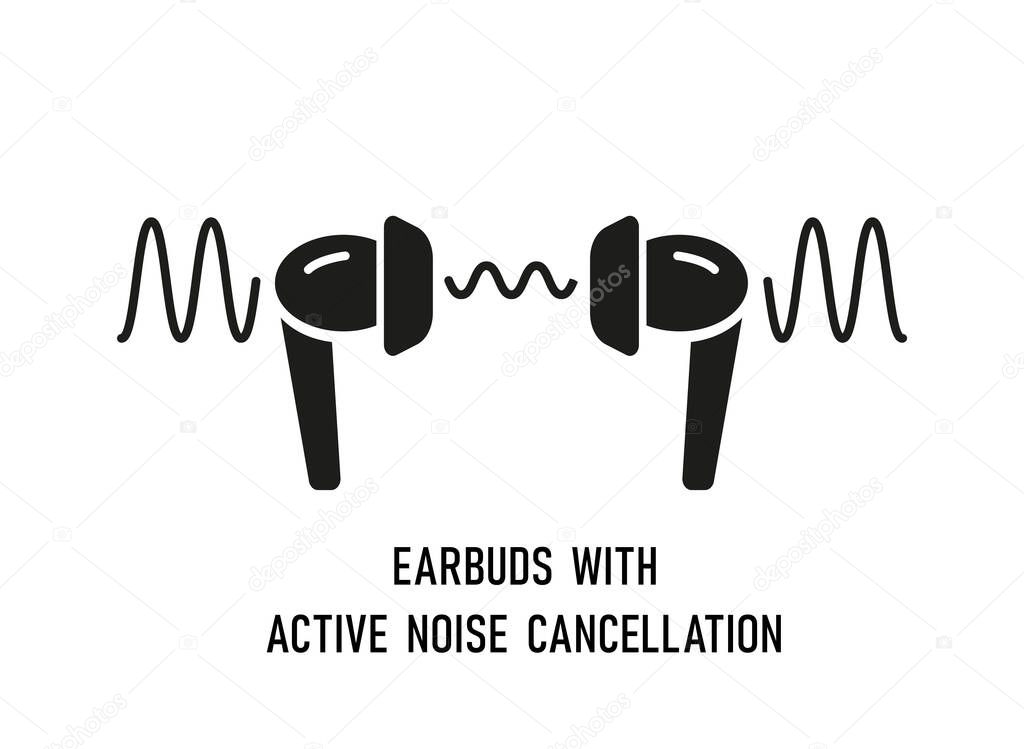 ANC earbuds. In-ear wireless headphones with active noise cancellation. Hearing protection. Vector flat silhouette icon. Anti-noise ear buds. Bluetooth earphones. Isolated object