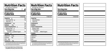 Beslenme Gerçekleri etiketi. Boş düzenlenebilir vektör şablonu. Boş özel bir model. Doldurulabilir yazdırılabilir kalori bilgi tablosu. Gıda ambalajı ve beslenme ile ilgili tasarım için en iyisi