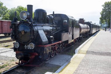 Haivoron, Ukrayna - 18 Mayıs 2024: Eski buharlı lokomotif 159 4-95 Haivoron tren istasyonu yakınında