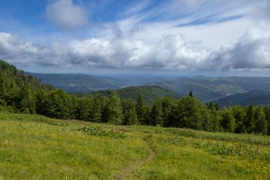 Karpat dağlarındaki Yavirnyk-Gorgan dağ zirvesinden Yaremche kasabasına manzara