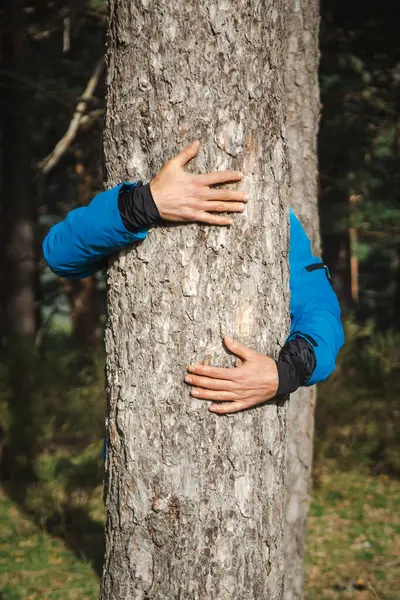 Man hugging the trunk of a tree. Preservation and conservation of the environment. international planet day