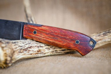 Yanmış bıçaklı av bıçağı ve Amazon ahşabı saplı