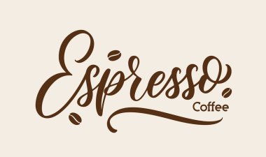 Espresso kahve, el yazısı. Vektör el çizimi logo tasarımı. Modern kaligrafik metin.
