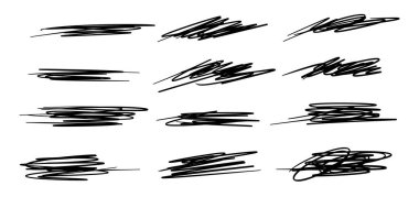 Elle çizilmiş işaretlerin toplanması, çizgiler ve çizgiler. Çeşitli karalama çizgileri ve fırça darbeleri içerir. Vektör illüstrasyonu