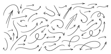 El çizimi oklar, eğimli ve yarım yamalak, tasarım elementleri ve navigasyon için farklı şekillerde, siyah çizgi sanatı