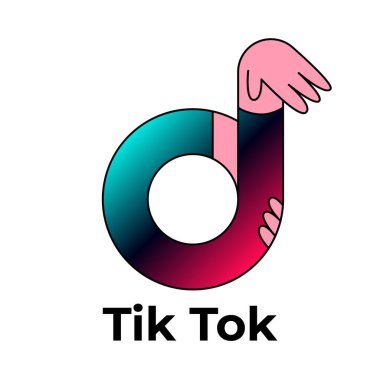 Dans eden el şeklinde bir tik tok simgesinin soyut görüntüsü. Tik tok ikonu şeklinde bir el dans ve müzik için Tik tok kullanan insanları temsil eder. Makaleler ve web için düz biçim illüstrasyonu.