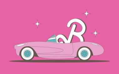 Yolcu koltuğunda üç boyutlu büyük B harfli pembe klasik bir Cabriolet 'in vektör çizimi. Pembe bir hayat. Barbie arabası 2023.