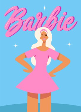 Barbie 2023. Pembe bir hayat. Barbie pembe gülücüklerin arka planında. Barbieland.