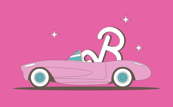 Yolcu koltuğunda üç boyutlu büyük B harfli pembe klasik bir Cabriolet 'in vektör çizimi. Pembe bir hayat. Barbie arabası 2023.
