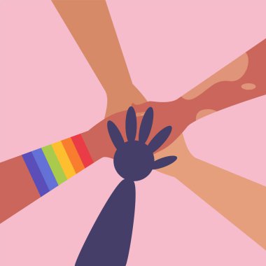 Farklı kültürlerden bir grup insan el ele tutuşuyor. İşbirliği ve takım çalışması. Vitiligo ve LGBT 'li farklı ırktan engelli arkadaşlar topluluğu.
