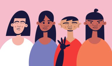 Protez kollu, vitiligo sendromlu ve daha fazlası olan farklı uluslardan çocuklar. Toplumu kapsayacak şekilde geliştir. Sınırlı olanakları olan bir arkadaş topluluğu. Düz vektör illüstrasyonu.
