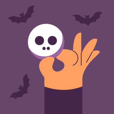 Mutlu Cadılar Bayramı. Bir el, siyah bir arkaplanda yazılı bir kafatası tutar. Çizgi film tarzında düz vektör illüstrasyonu.