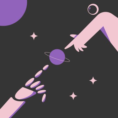 Yıldızların arka planına karşı bir astronot bir robot akışına ulaşır. Yıldızların arka planına ve Satürn gezegenine karşı. Uzayda seyahat. Düz vektör illüstrasyonu.