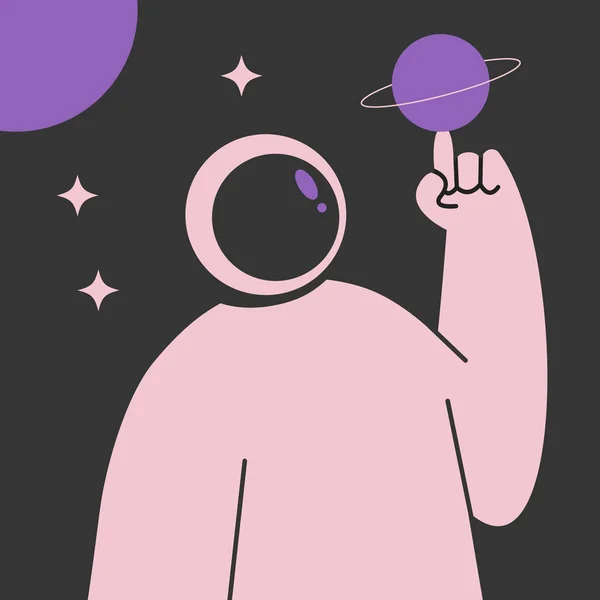 宇宙飛行士は星の背景に座り 星の背景に対して指で惑星を回転させます フラットベクトルイラスト — ストックベクタ