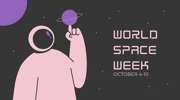 Dünya Uzay Haftası. 4-10 Ekim arası. Bir astronot, Satürn 'ü parmağıyla uzayın ve gezegenlerin arka planına karşı döndürür. Düz vektör illüstrasyonu.
