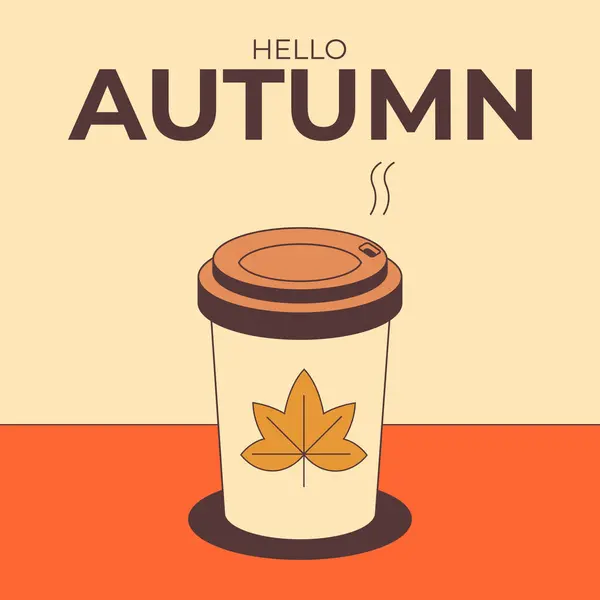 Sonbahar Yaprağı Logosuyla Birlikte Bir Fincan Kahve Merhaba Autumn Yazılı — Stok Vektör