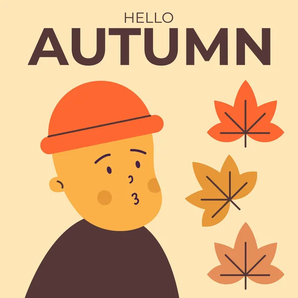 Симпатичный Ребенок Осенней Шляпе Смотрит Падающие Листья Плоская Векторная Иллюстрация — стоковый вектор