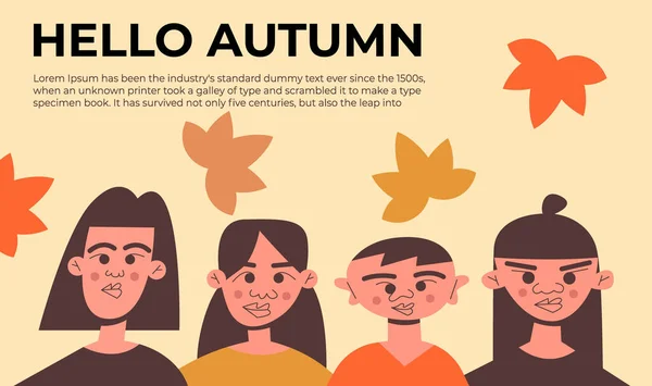 Группа Детей Стоит Фоне Падающих Осенних Листьев Плоская Векторная Иллюстрация — стоковый вектор