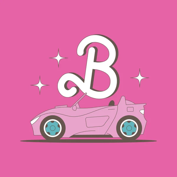 Rosa Barbie Auto Mit Einem Großen Buchstaben Auf Dem Hintergrund Stockillustration