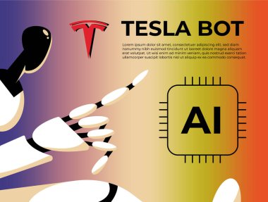 Tesla robotu. Yapay zekalı yeni Optimus robotu. Yapay zeka teknolojileri. Çizgi film tarzında düz vektör illüstrasyonu