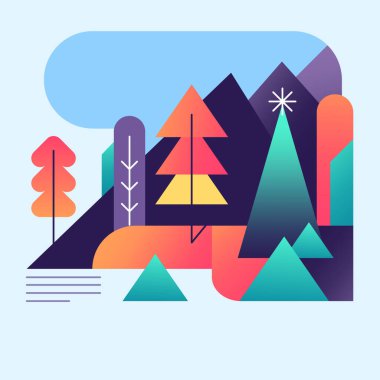 Mutlu Noeller ve mutlu yıllar 2024! Ormanlı tatil kartlarının soyut illüstrasyonları.