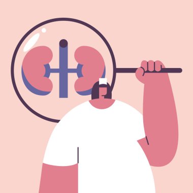 Tıbbi kontrol konsepti. Kızın elinde böbreklerinin görülebileceği bir büyüteç var. İnsanların tıbbi teşhisi. Düz vektör illüstrasyonu.