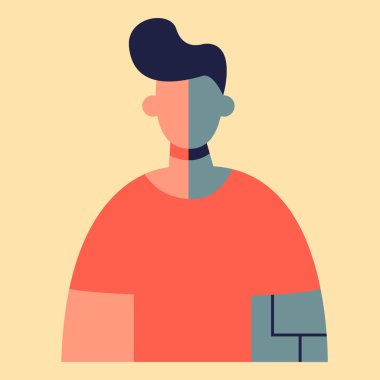 Yarı robot adam portresi. Cyborg adam. Çizgi film tarzında düz vektör illüstrasyonu.