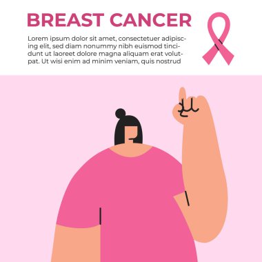 Meme Kanseri Farkındalığı Ayı konsepti. Parmakla pembe kurdeleyi gösteren kadın. Poster, Banner, Flyer, Şablon. Pembe kurdele. Düz vektör illüstrasyonu.