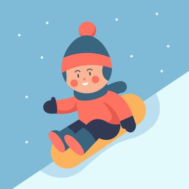 Oğlan karlı bir tepeden kayıyor. Çocuklar için kış sporları. Mutlu yıllar 2024. İyi tatiller. Çizgi film tarzında düz vektör illüstrasyonu.