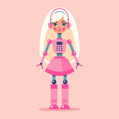 Krem arka planda beyaz saçlı Barbie Robot Bebek. Düz vektör illüstrasyonu.