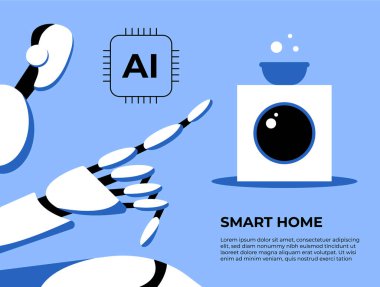 Robot ve yapay zeka çamaşır yıkıyor. Akıllı Ev. Yapay zekaya sahip çamaşırhane. Baloncuklu deterjan. Günlük görev konsepti. Düz vektör illüstrasyonu.