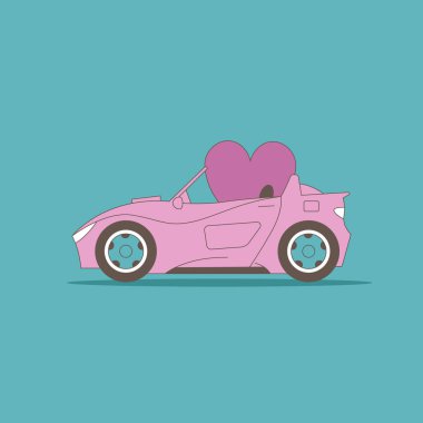 Sevgililer Günü. Arka koltukta kalbi olan pembe bir araba. Düz vektör illüstrasyonu.