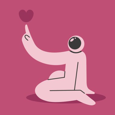 Astronot sevgililer gününde seni tebrik ediyor. Kalbi ve astronotu olan romantik bir tebrik kartı. Düz vektör illüstrasyonu.