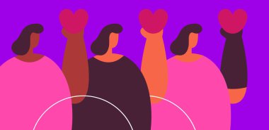 Engelliler için Sevgililer Günü 'nü kutluyoruz. Protezli ve tekerlekli sandalyeli kızlar. Düz vektör illüstrasyonu.