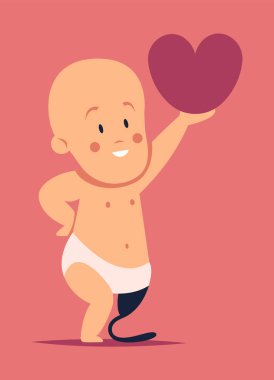 Engelliler için Sevgililer Günü 'nü kutluyoruz. Protez bacaklı bir bebek kalp taşır. Düz vektör illüstrasyonu.