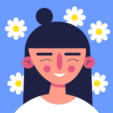 Uluslararası Kadınlar Günü 8 Mart 'ta kutlanır. Çiçekli kız. Düz vektör illüstrasyonu.