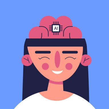 Chip in brain girl to restore autonomy and abilities to people with unmet medical needs. Digital AI brain. Flat vector illustration. clipart