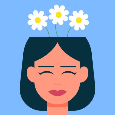 Zihinsel sağlık, mutluluk, uyum yaratıcı soyut kavram. İçinde çiçekler olan mutlu itaatkar kız kafaları. Farkındalık, pozitif düşünce, kişisel bakım fikri. Düz vektör illüstrasyonu.