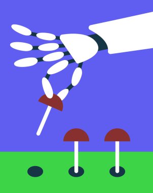 Al Robot bir mantar çiftliğine hizmet veriyor. Düz vektör illüstrasyonu.