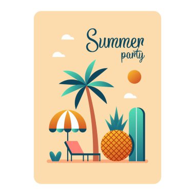 Pankart, tebrik kartı, yazlık plaj posteri ve reklam için yaz arkaplanı. Yaz eğlence konsepti. Düz vektör illüstrasyonu.