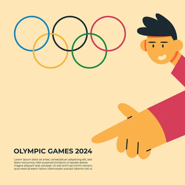 İkonik olimpiyat halkalarının önünde duran adam. Yaklaşan Paris 2024 Olimpiyat Oyunları 'nı kutluyoruz. Rekabet ve küresel birlik ruhu. Düz afiş vektör illüstrasyonu.